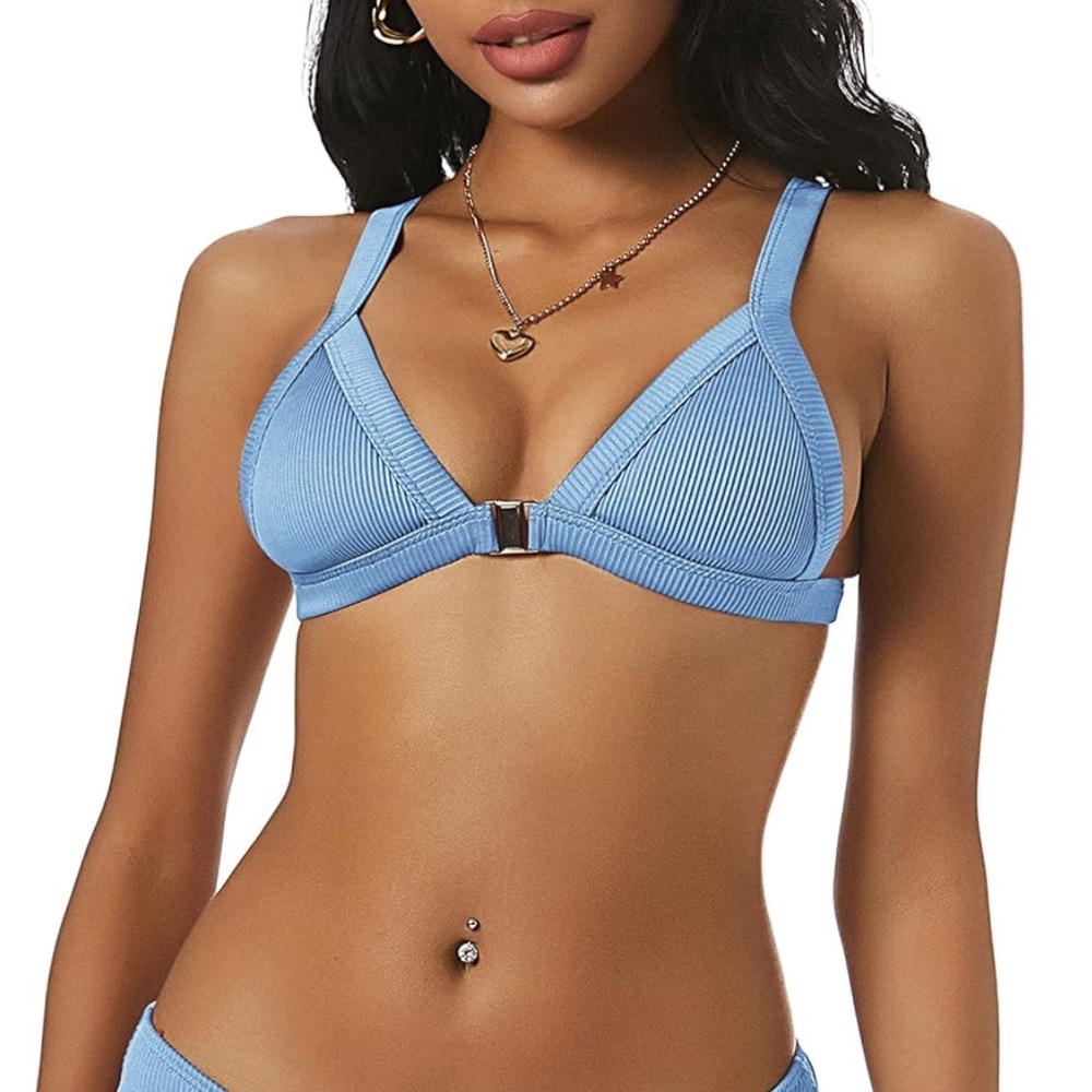ZAFUL Ribbed Triangle Front Clasp Textured Light Blue Front Closure Bikini Top